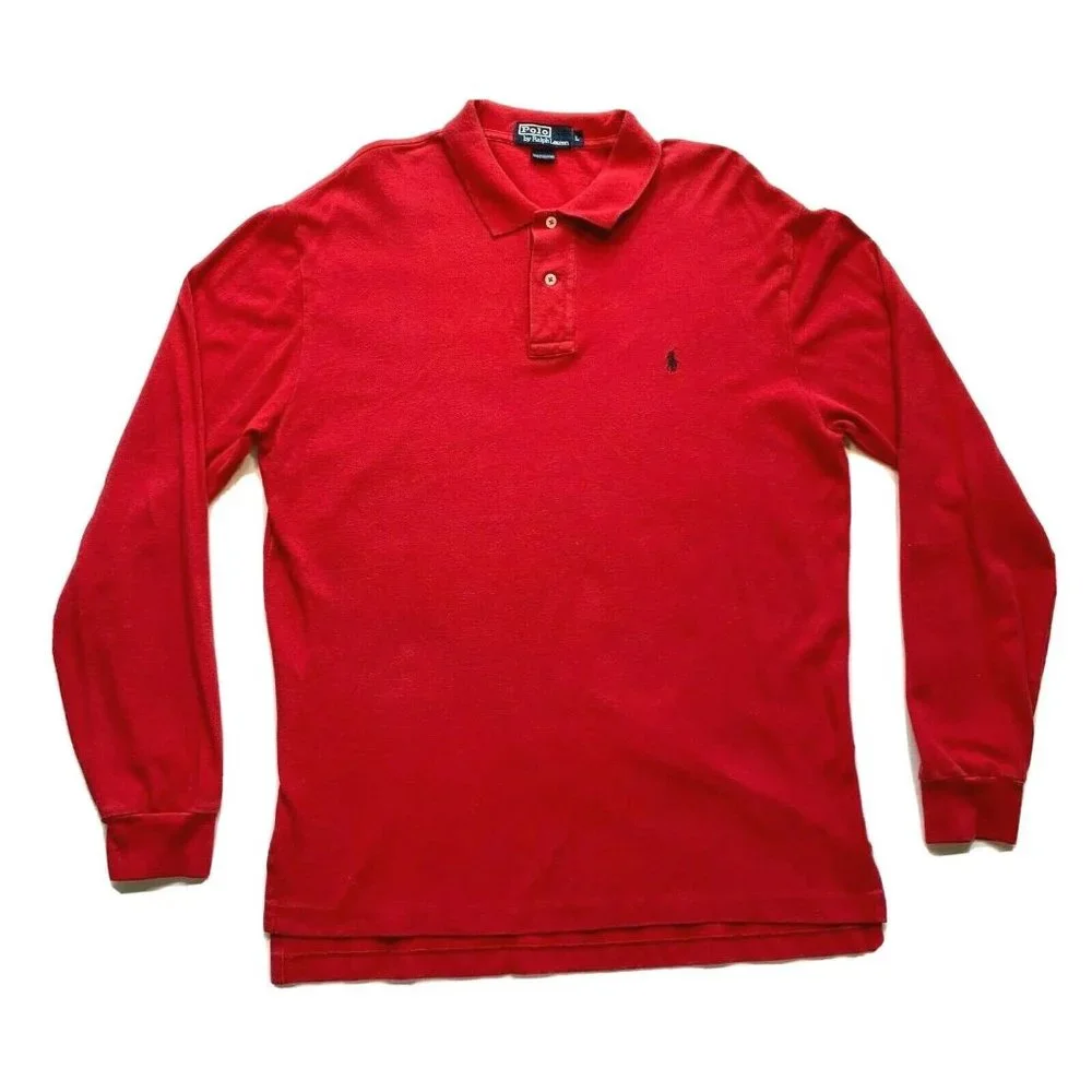 Polo‎ Ralph Lauren Polo Shirt Long Sleeve Cotton Red Thick Black Pony L EUC